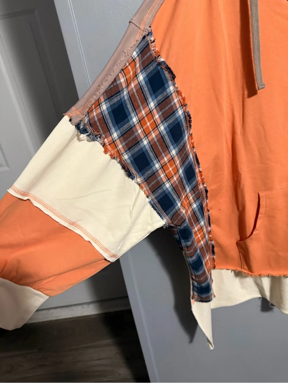 Blue Velvet Plaid Hooded Pullover Top - Orange & Cream XL Oversized